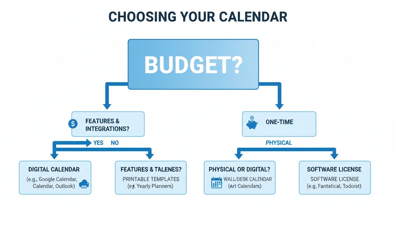 A flowchart titled 'Choosing Your Calendar' guides users through budget, features, and physical or digital options.