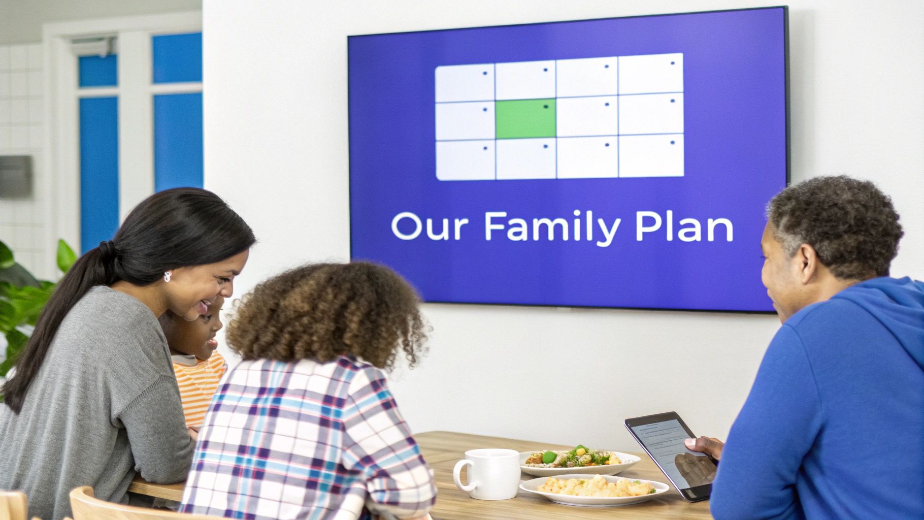 A diverse family gathers around a table, looking at a large screen displaying "Our Family Plan" with a grid calendar. Food is on the table, and one adult uses a tablet.