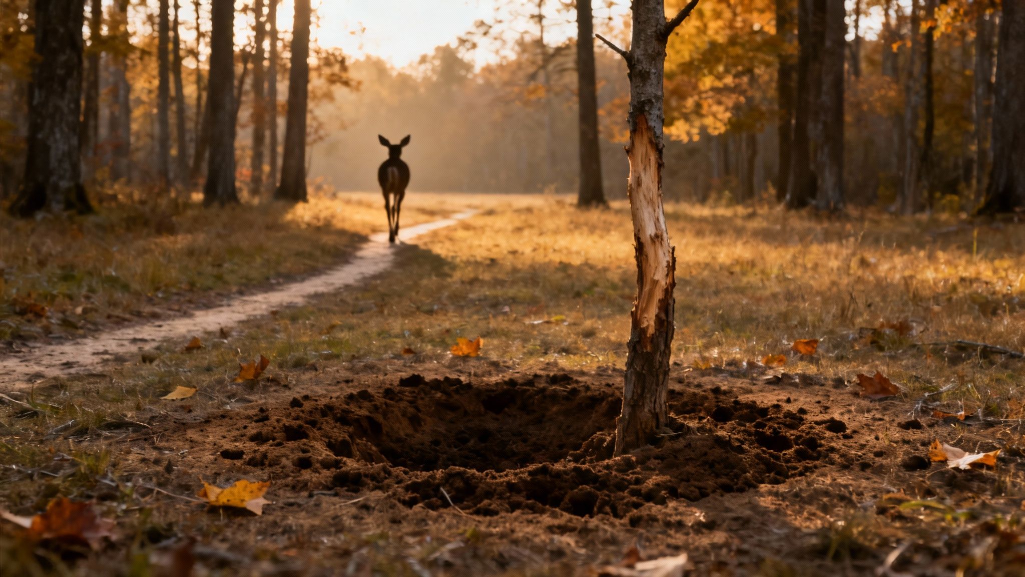 A deer walks on a path through an autumn forest at sunset, with a damaged tree and a hole in the foreground.