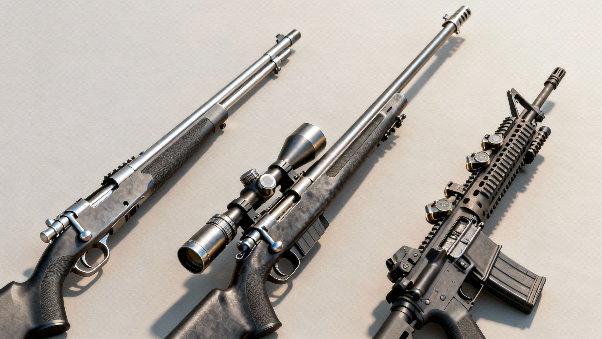 Three rifles on a light background: a hunting rifle, a scoped bolt-action, and an AR-style rifle.