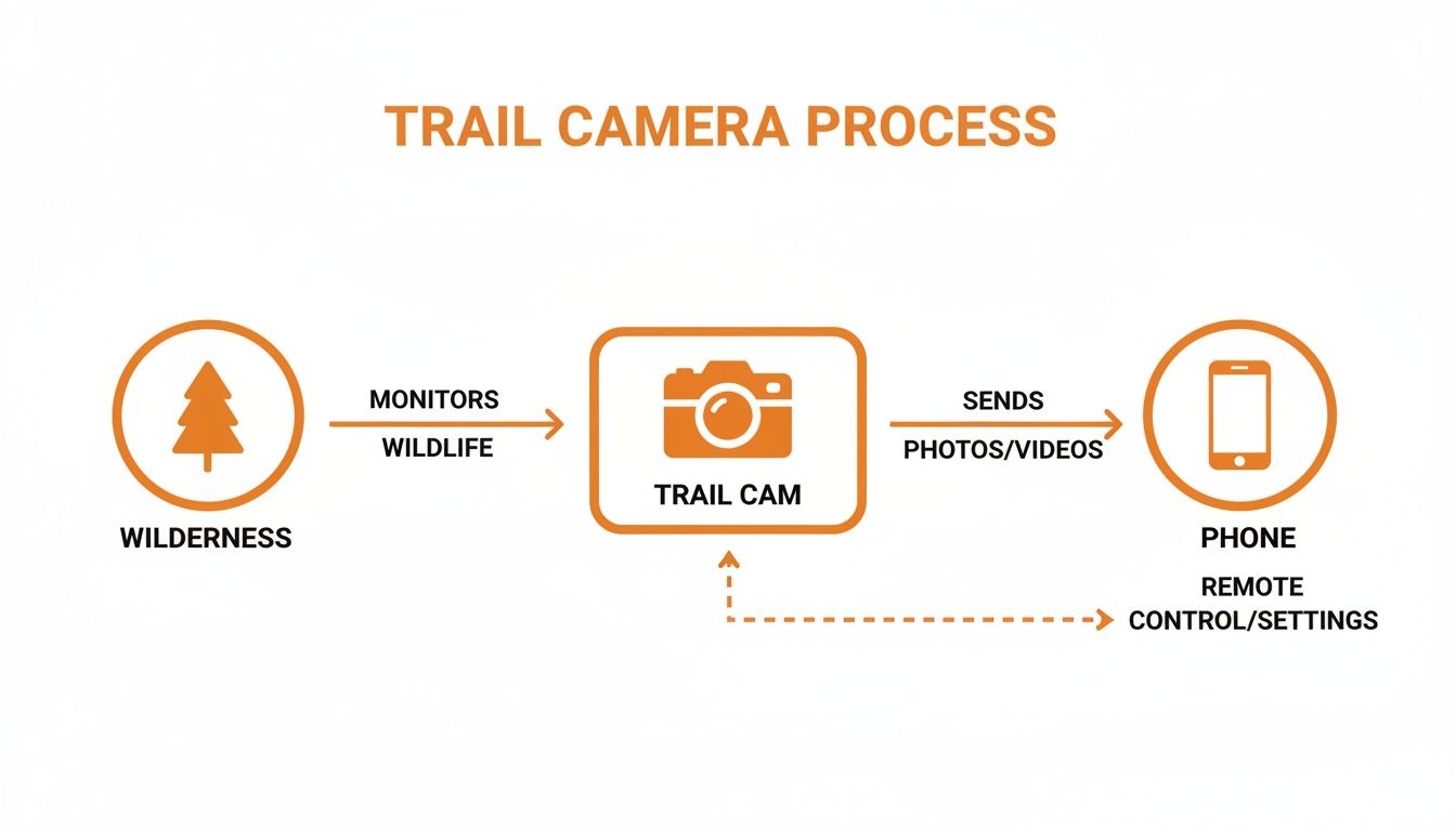 Diagram illustrating a trail camera process: monitoring wildlife, sending photos to phone, and remote control settings.