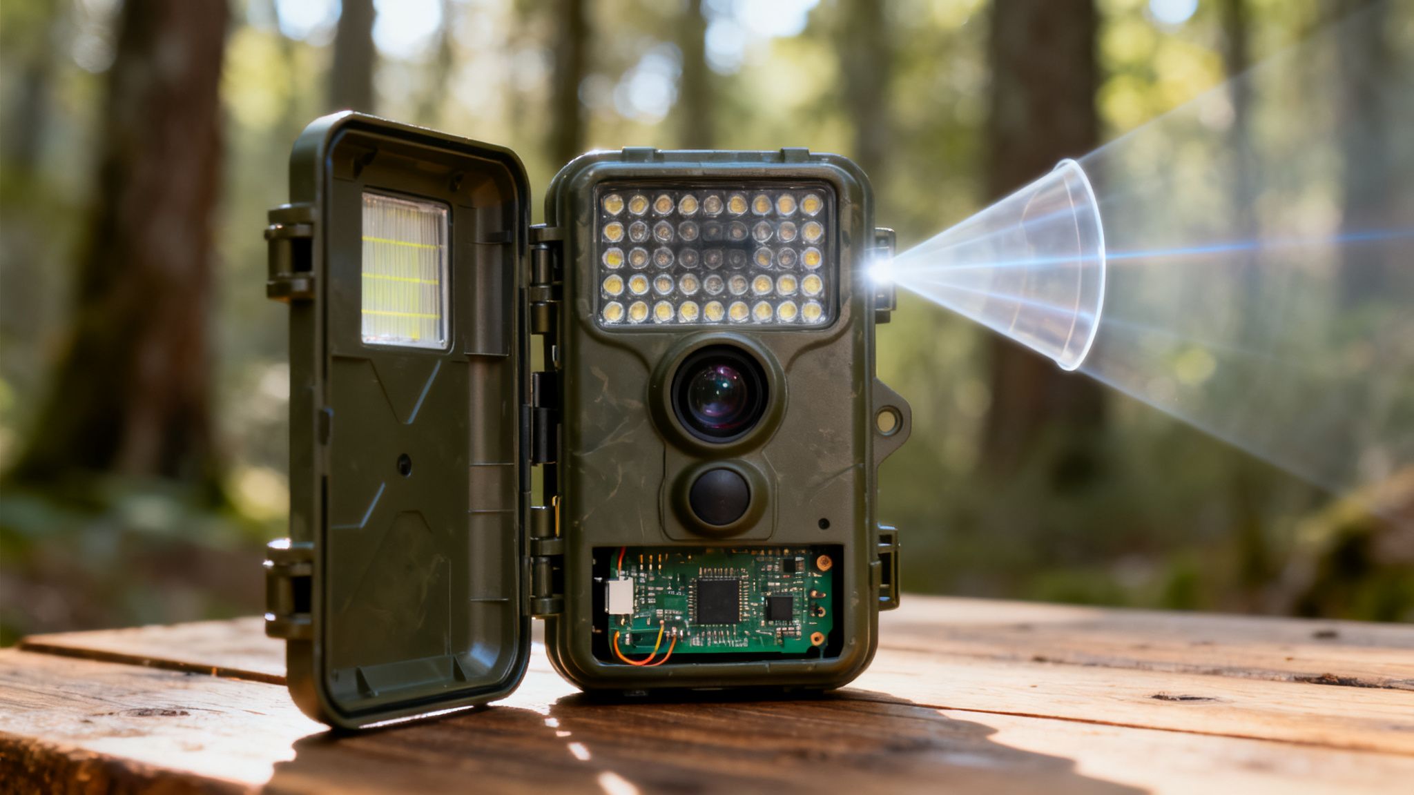 An open long-range trail camera with exposed circuitry, lens, and a powerful spotlight, sitting on a wooden table outdoors.