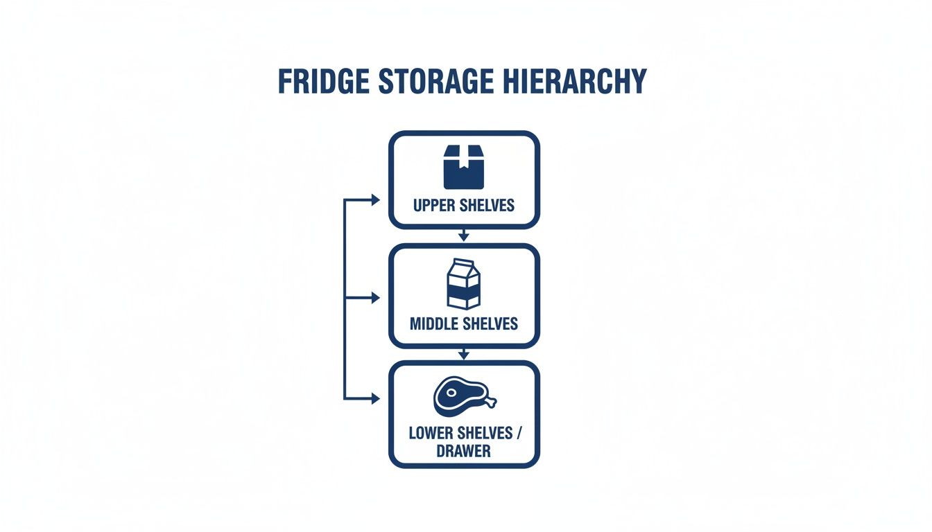 Diagram illustrating fridge storage hierarchy with upper, middle, and lower shelves for different food items.