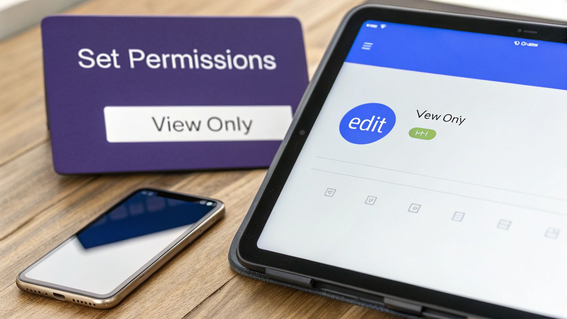 A tablet showing 'View Only' permissions, a smartphone, and a sign 'Set Permissions - View Only' on a wooden table.
