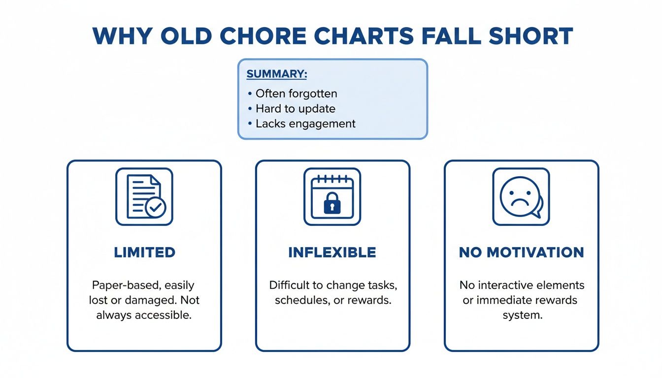 Infographic detailing why old chore charts are limited, inflexible, and lack motivation for kids.