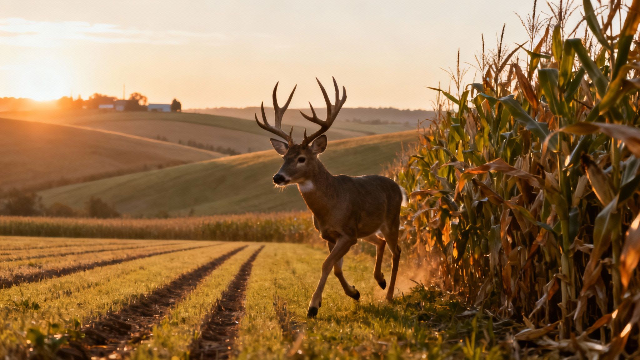 A majestic whitetail buck with large antlers walks through a golden field at sunset.
