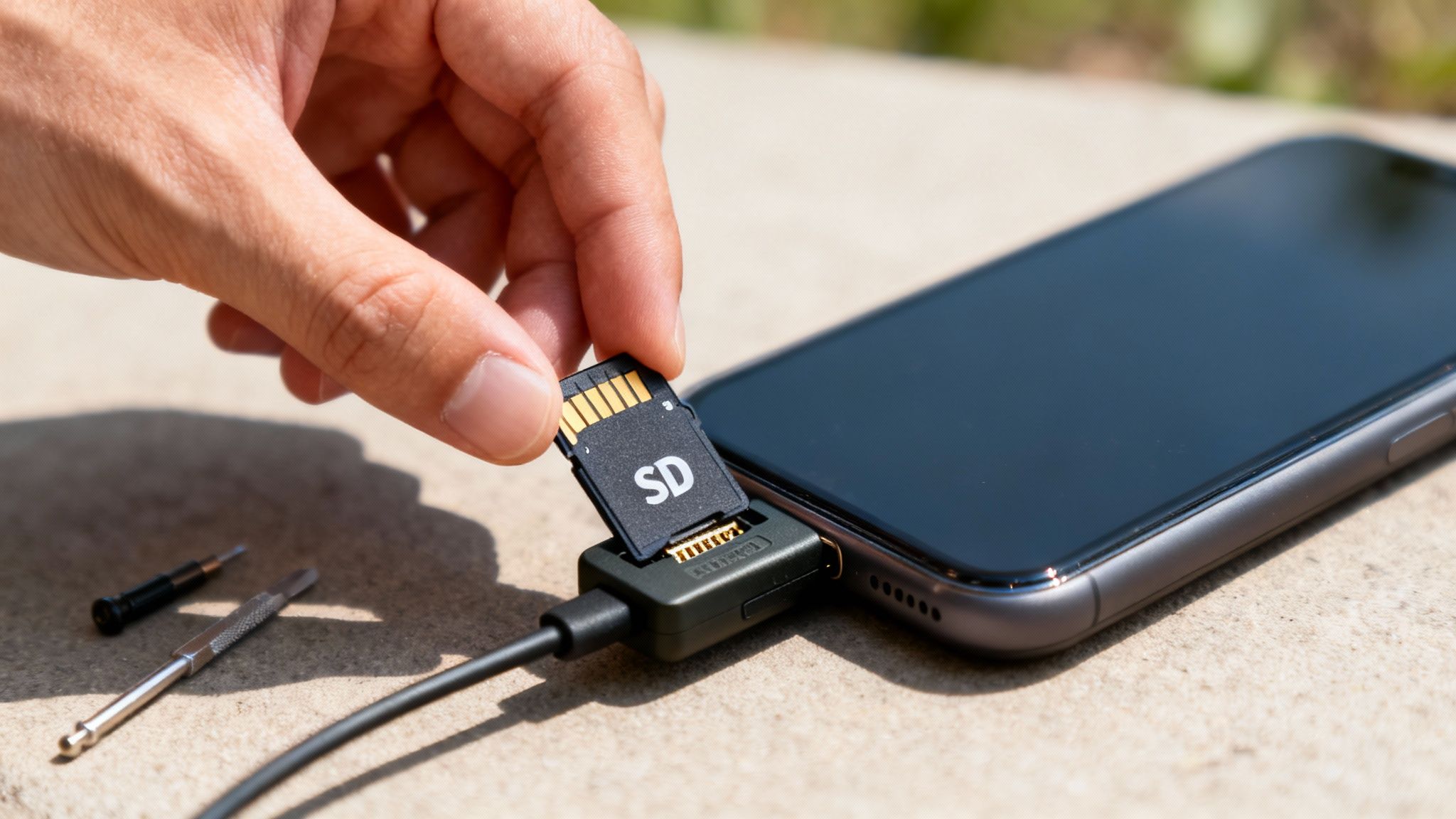 A person's hand inserts an SD card into a card reader connected to a smartphone.