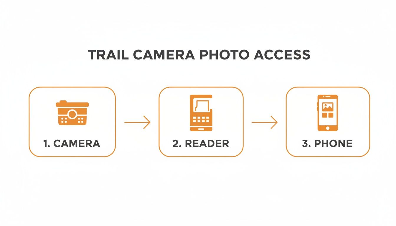 Diagram illustrating the three-step process for trail camera photo access: camera, reader, phone.