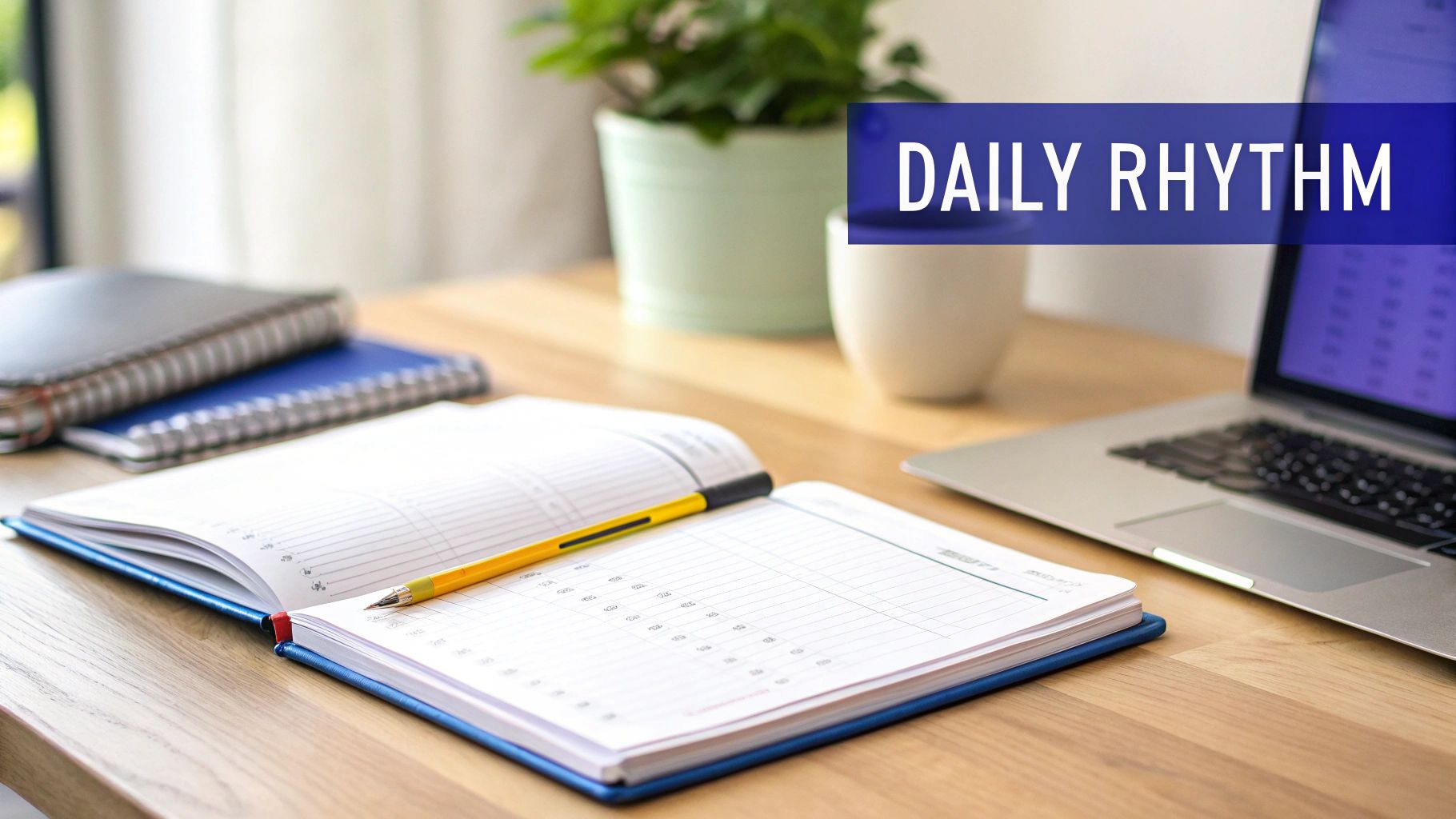 An open daily planner with a pen, laptop, and notebooks on a wooden desk, emphasizing daily rhythm.