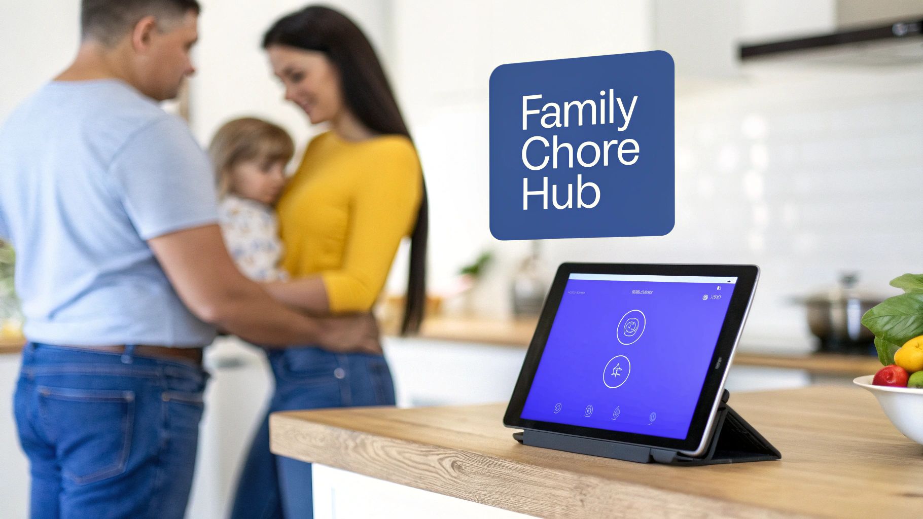 A family in the background with a tablet showing a "Family Chore Hub" app on a kitchen counter.