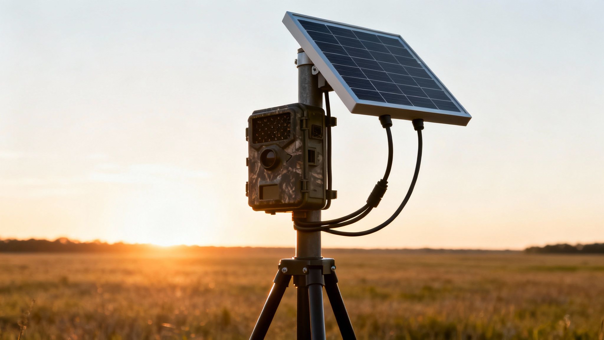 A solar-powered game camera on a tripod in a golden field at sunset.