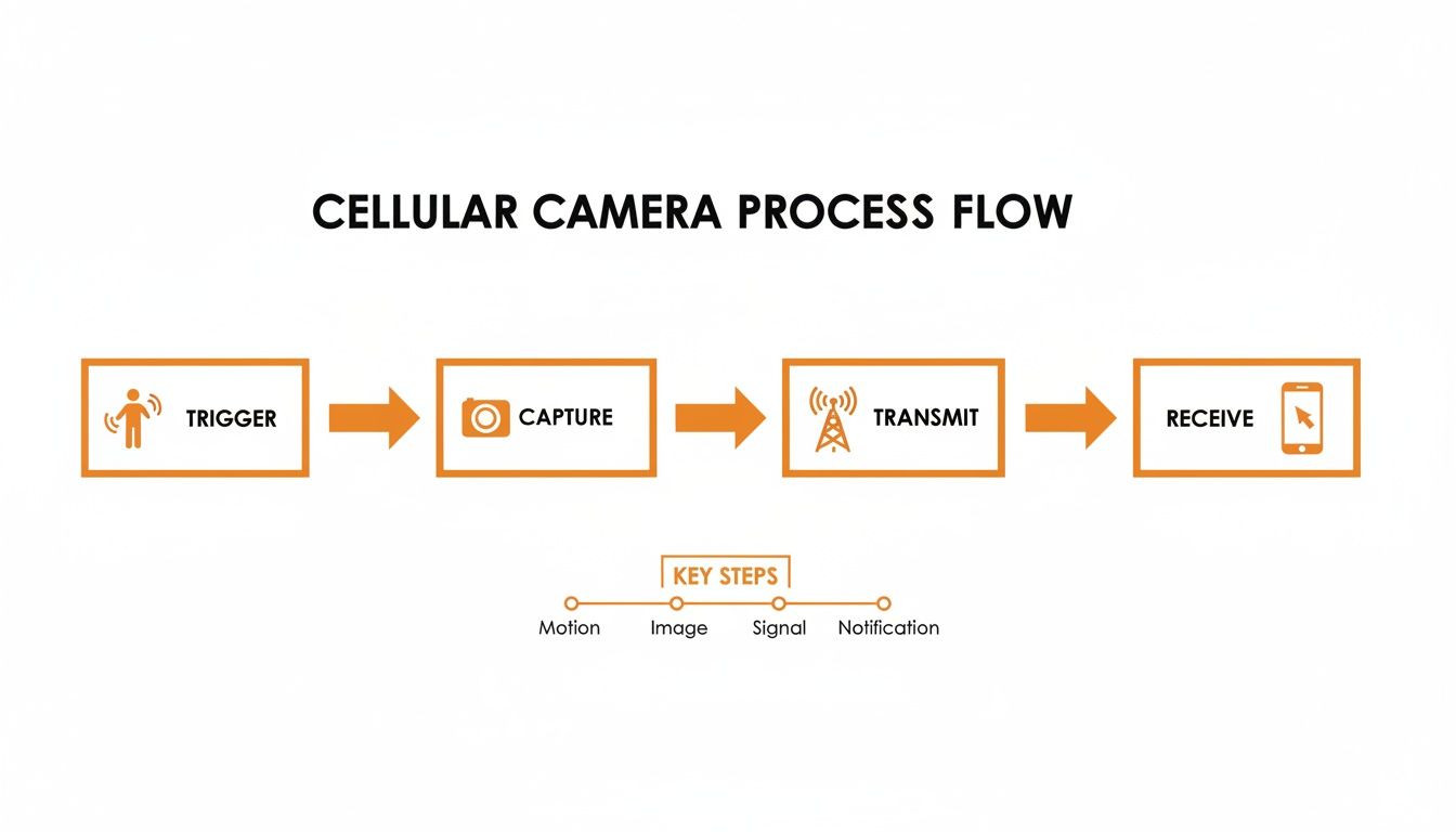 Flowchart detailing the cellular camera process, from motion trigger and image capture to signal transmission and mobile notification receipt.