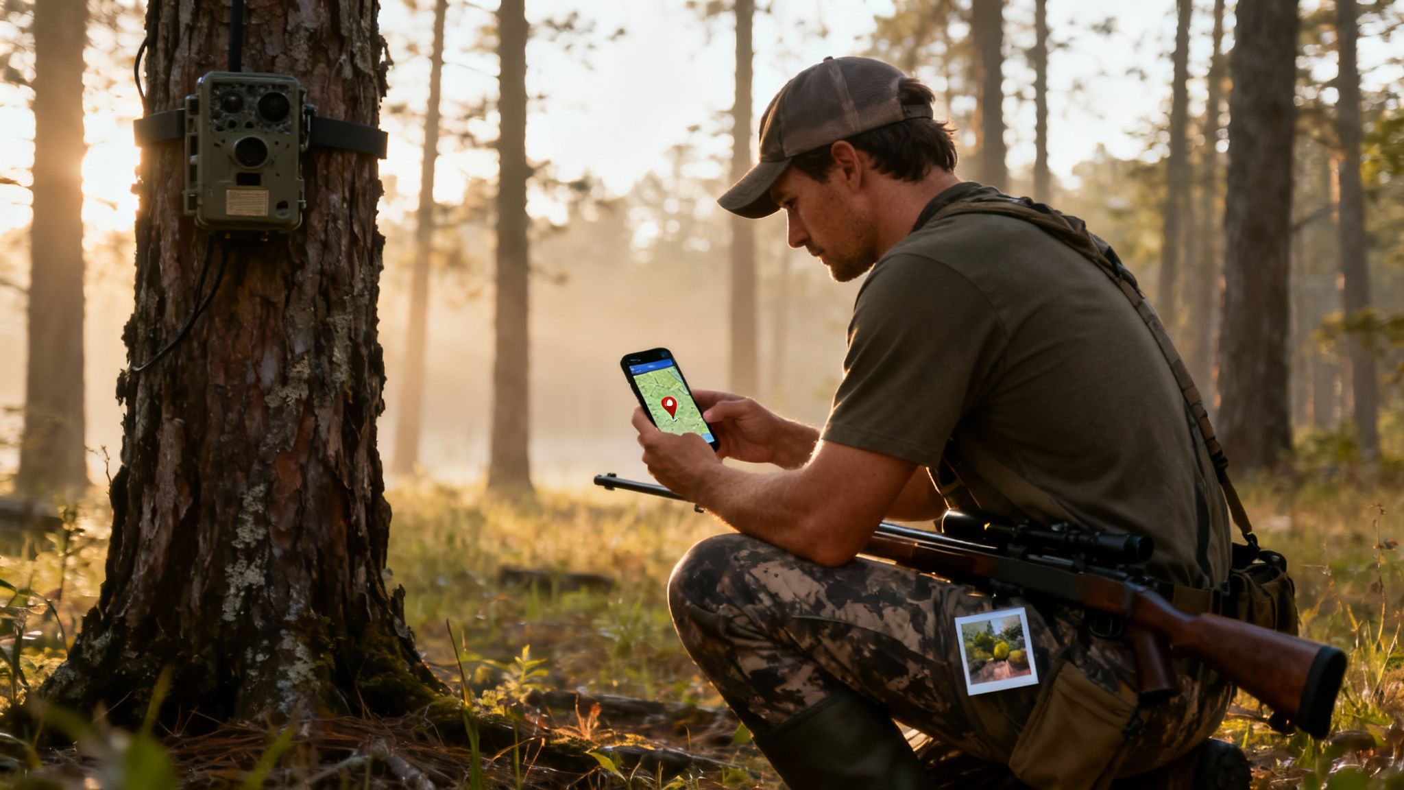 A trail camera mounted on a tree in a forest setting, monitoring wildlife.