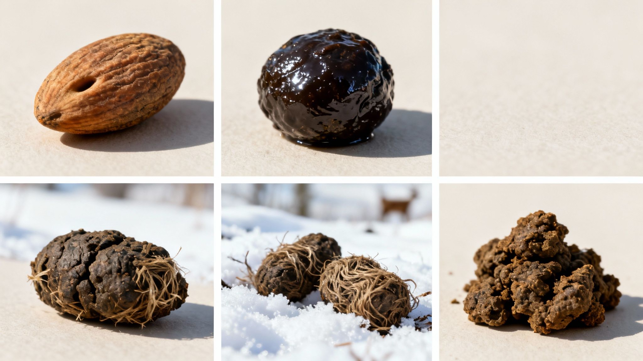 Various examples of elk scat, showing different shapes, textures, and states in nature.