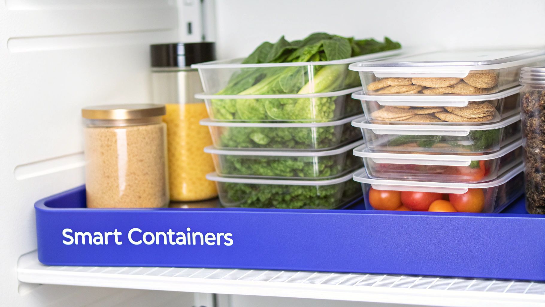 Inside a clean refrigerator, various food items are neatly organized in clear smart containers and glass jars.