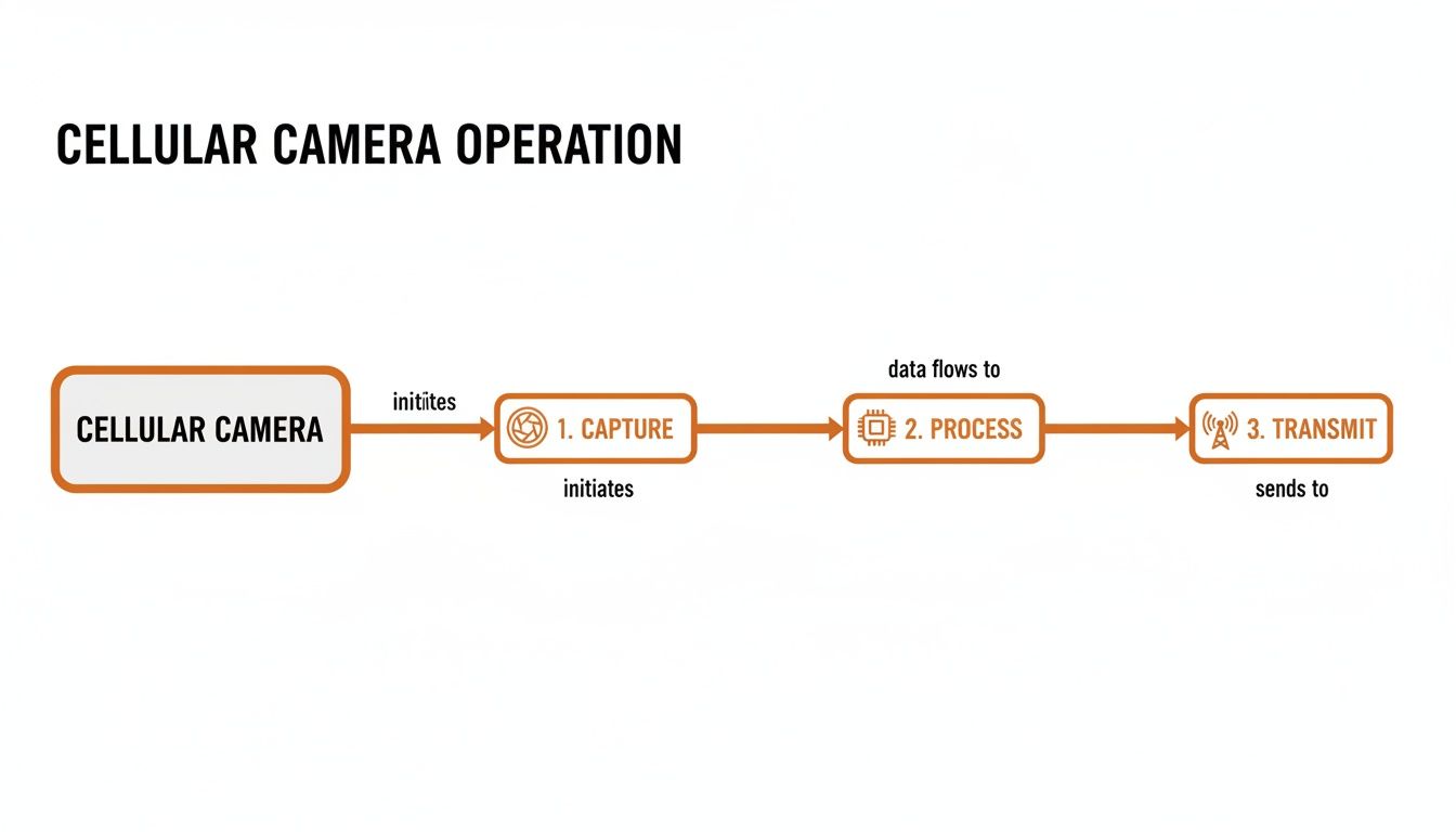 Flowchart detailing the operational sequence of a cellular camera: Capture, Process, and Transmit.