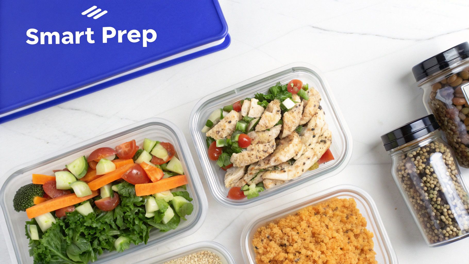 Overhead view of various meal prep containers filled with healthy food like chicken, vegetables, and grains.