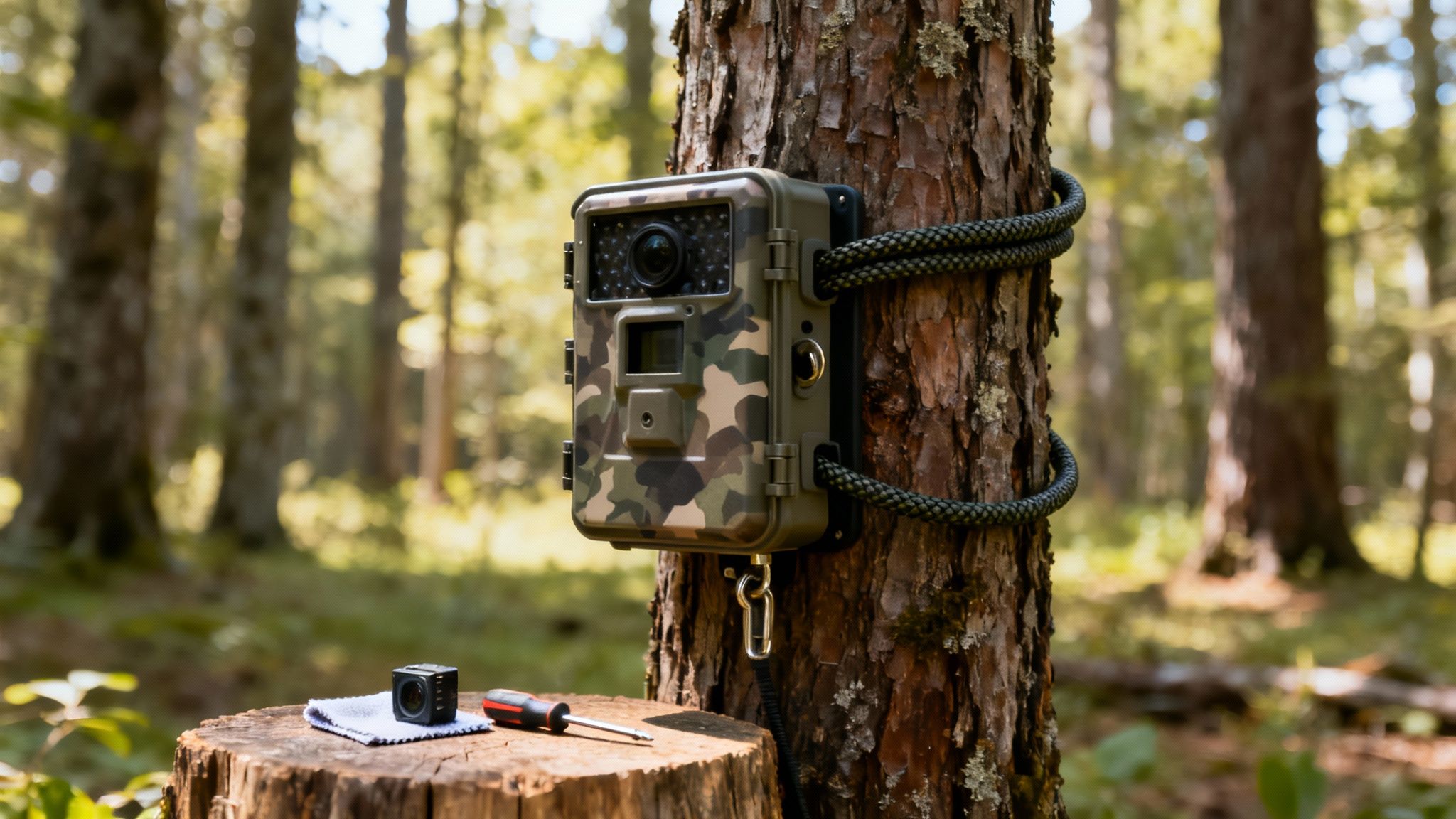 Camouflage trail camera mounted on tree trunk with rope straps in forest setting