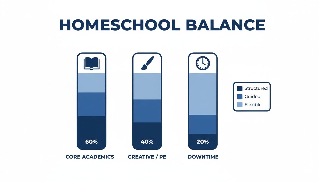 Infographic details homeschool balance, showing academic, creative, and downtime percentages, further categorized by structured, guided, and flexible activities.