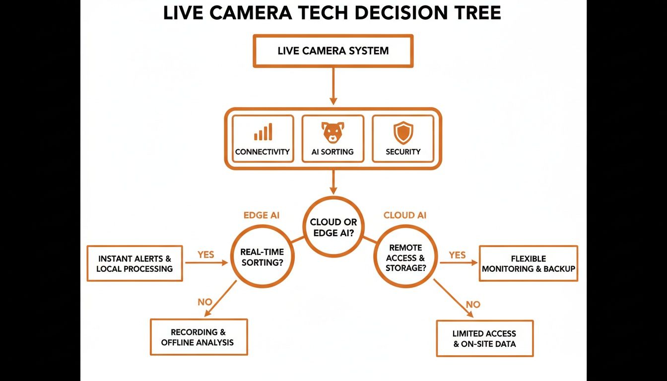 A live camera tech decision tree flowchart, detailing options for AI, connectivity, security, and data storage.