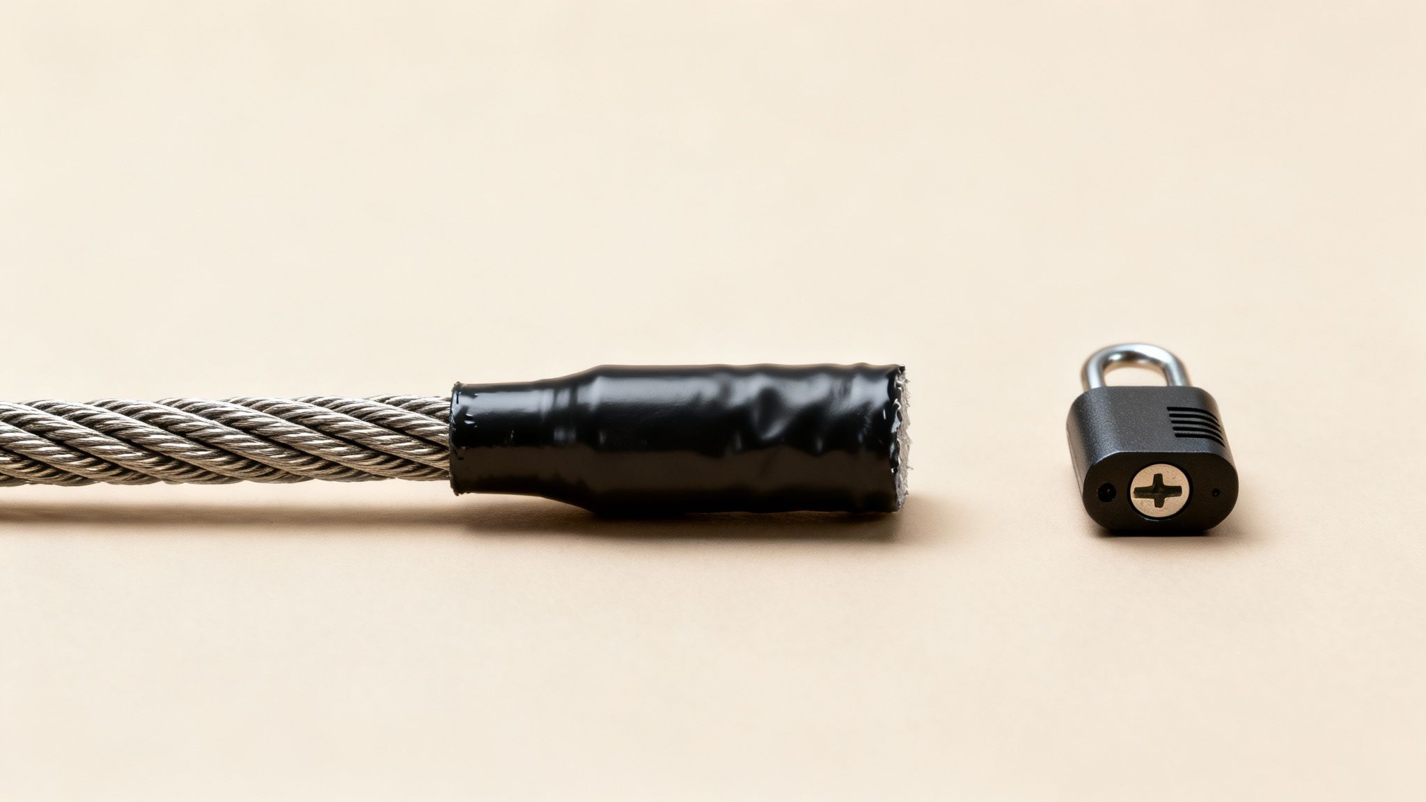 A heavy-duty security cable with black insulation next to a black padlock on a light background.