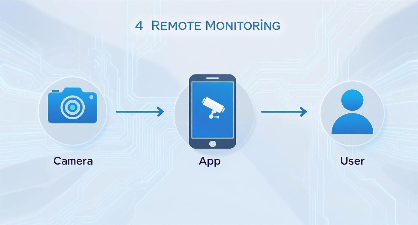 Remote monitoring system diagram showing camera connecting through mobile app to user
