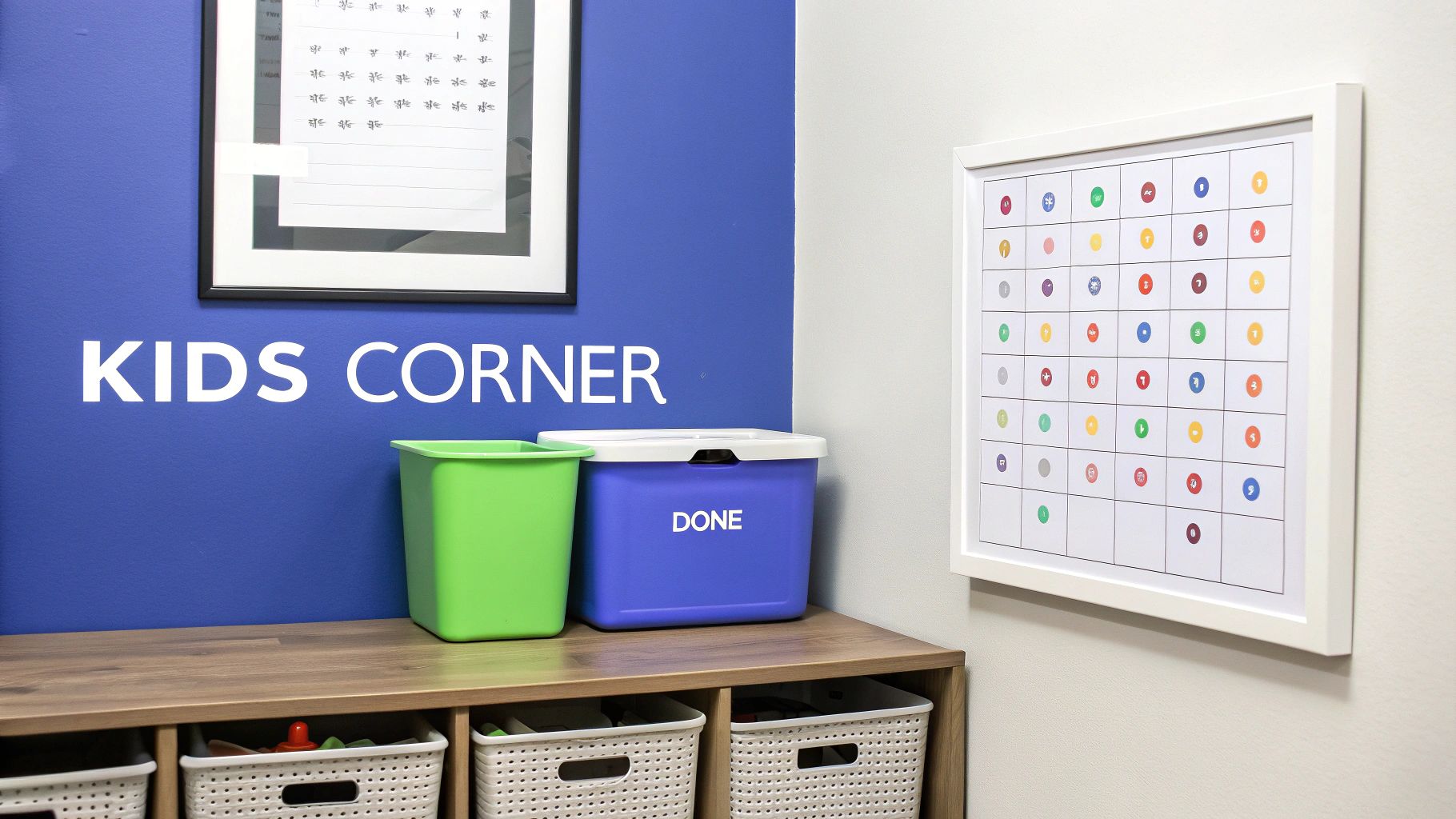 A bright kids' corner with a blue wall, a 'DONE' box, and a colorful visual chore chart.