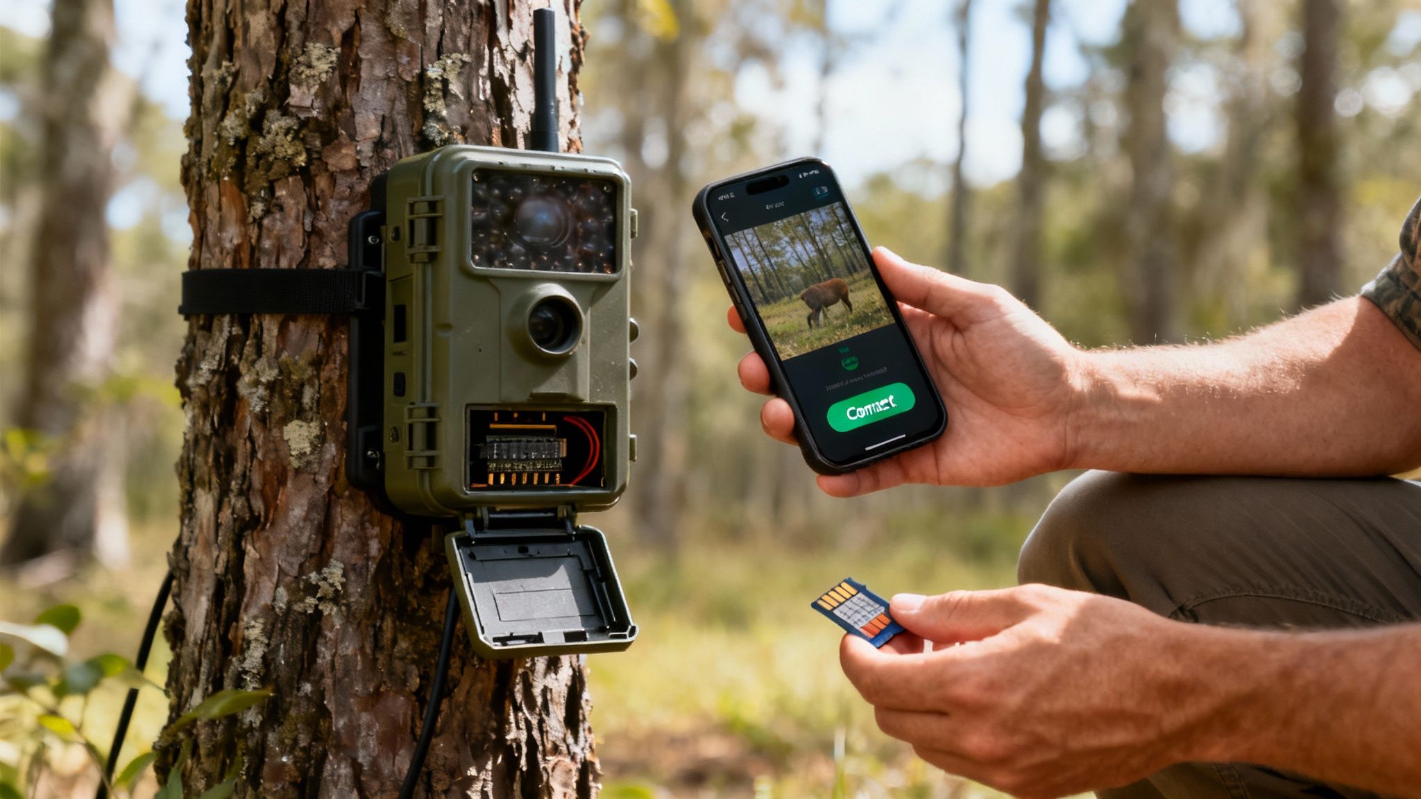 A person views a wildlife photo on a smartphone, holding an SD card next to a trail camera.