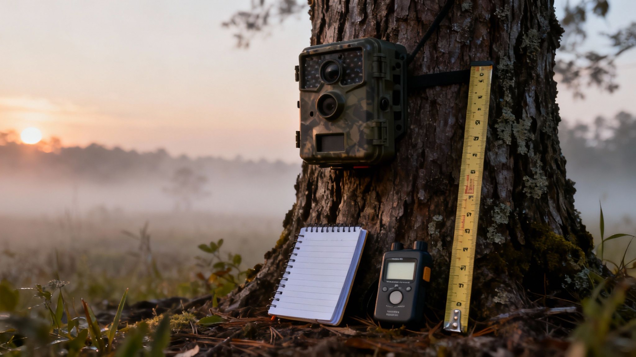 A hand adjusting the settings on a game camera mounted to a tree trunk.