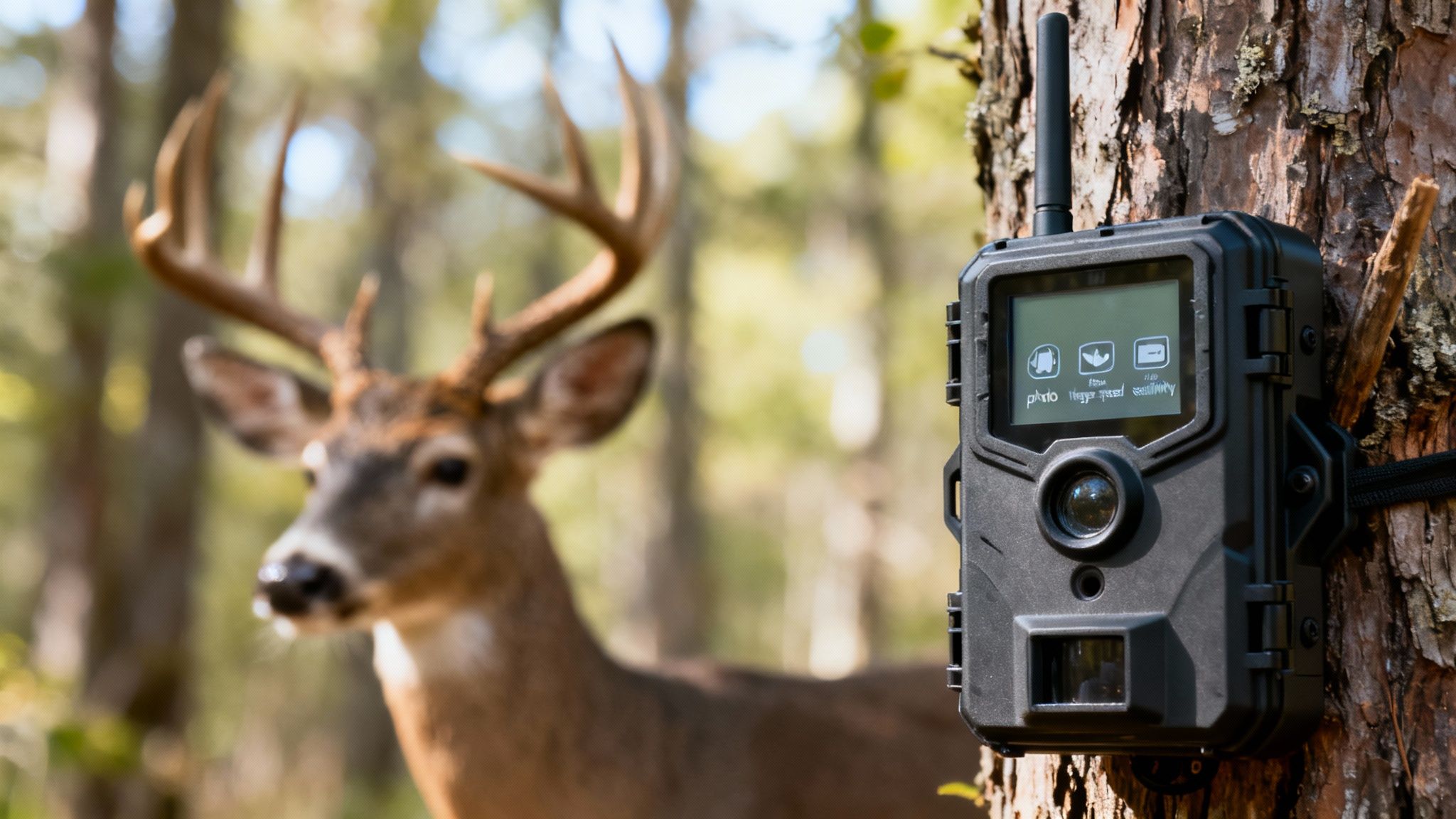 A black trail camera mounted on a pine tree with a blurred buck in the forest background.