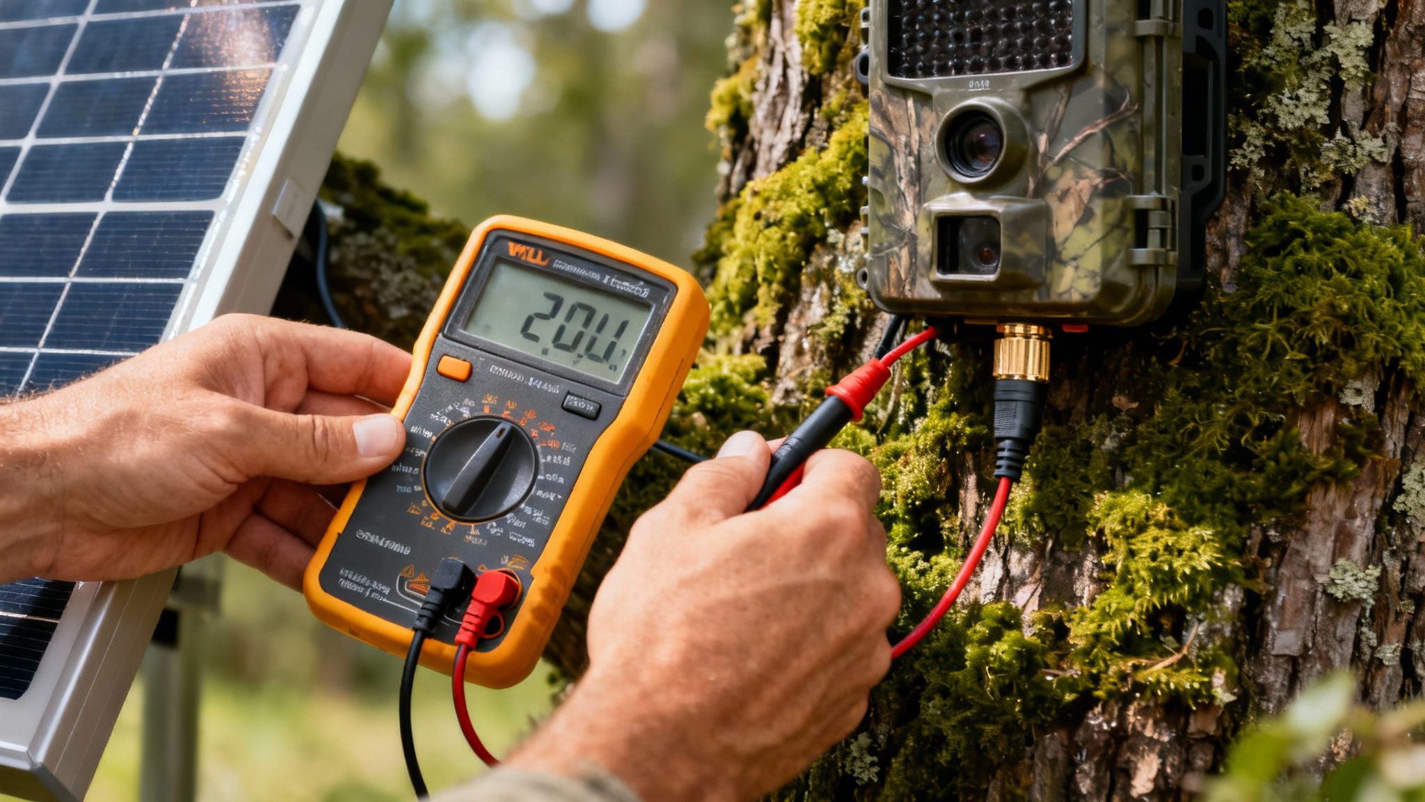 A person uses a multimeter to check the power on a game camera connected to a solar panel in a forest.