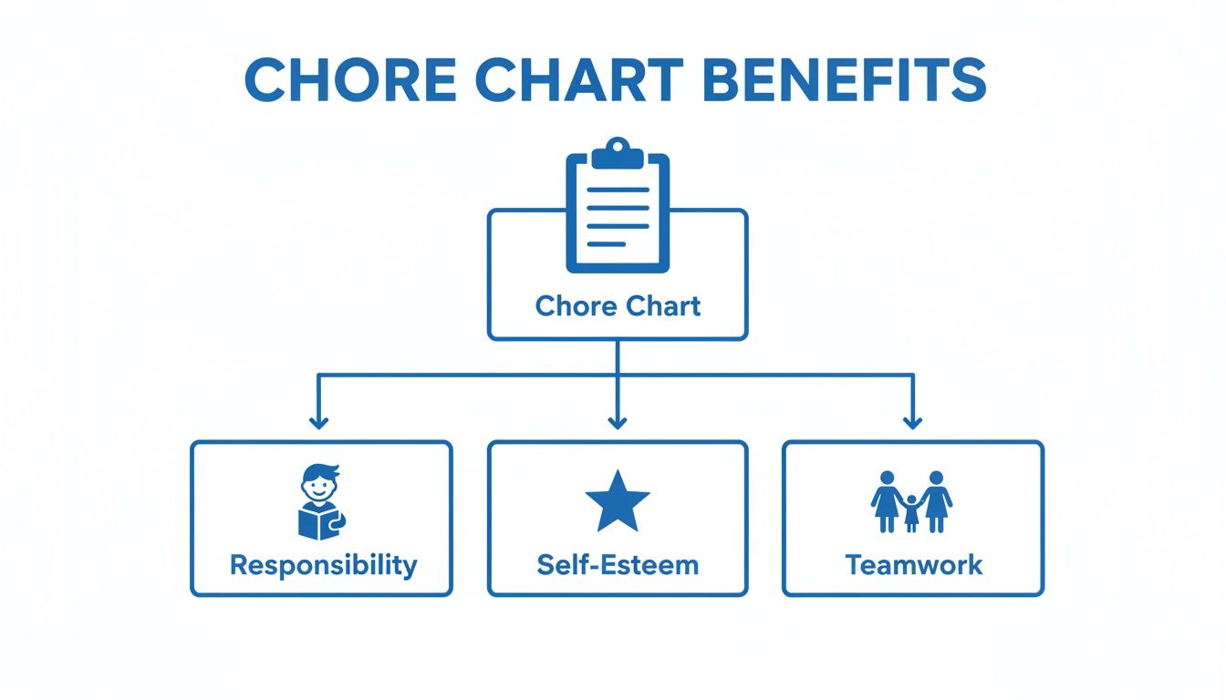 A flowchart illustrates the benefits of a chore chart, leading to responsibility, self-esteem, and teamwork.