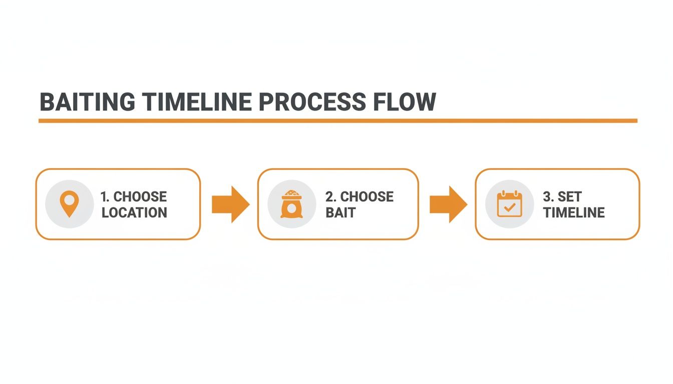 A clear baiting timeline process flow with three steps: Choose Location, Choose Bait, and Set Timeline.