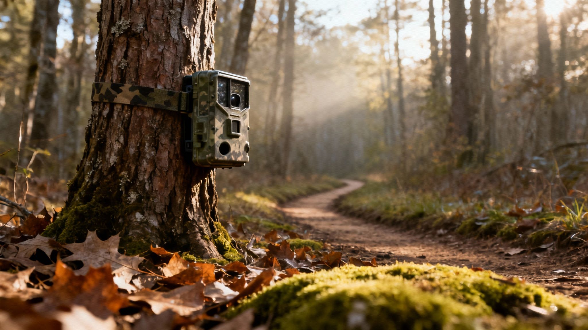 A camouflage trail camera is strapped to a tree in a sunny forest, overlooking a winding dirt path.
