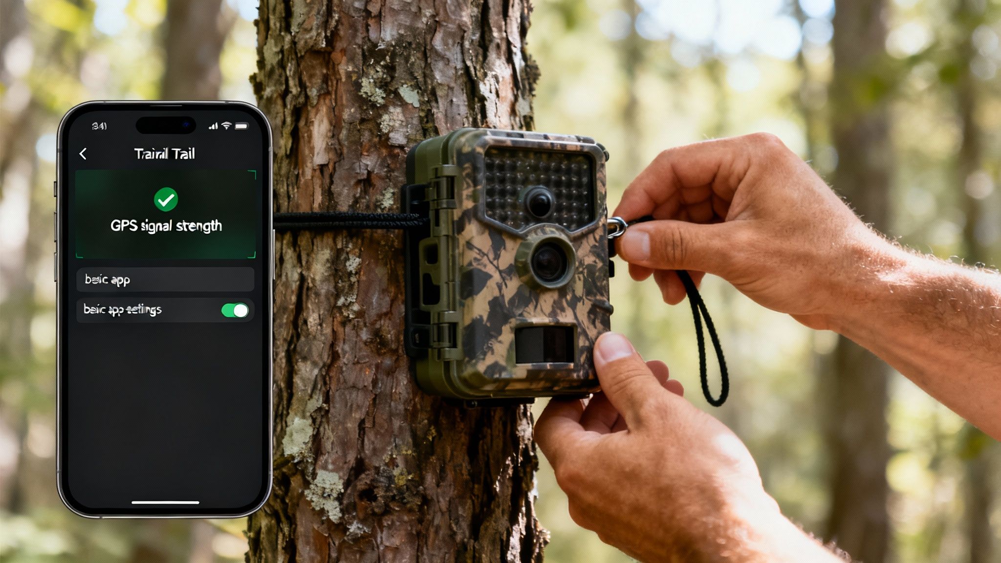 A hunter setting up a trail camera on a tree in a sunlit forest.