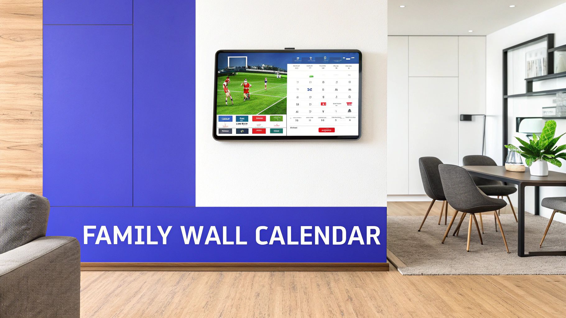 A modern living space features a digital family wall calendar displaying a sports game and schedule.