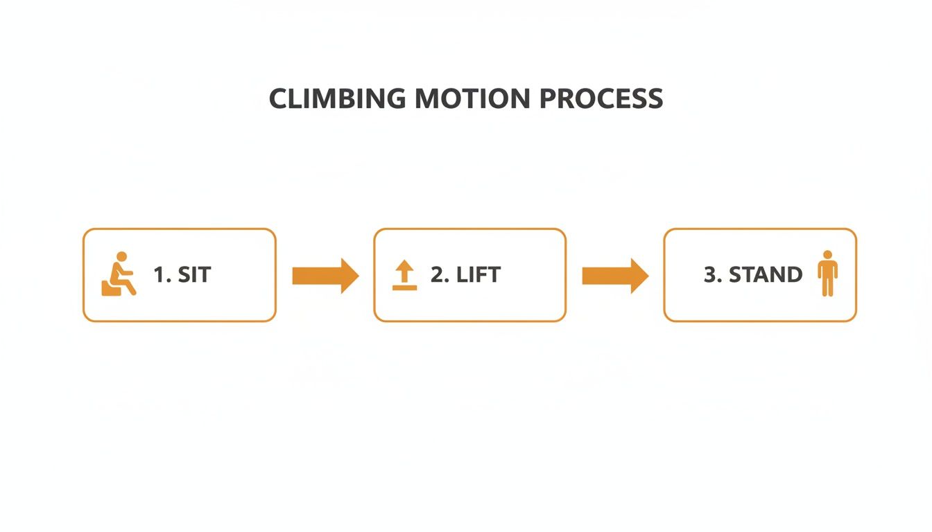 A diagram illustrating the climbing motion process with three steps: sit, lift, and stand.