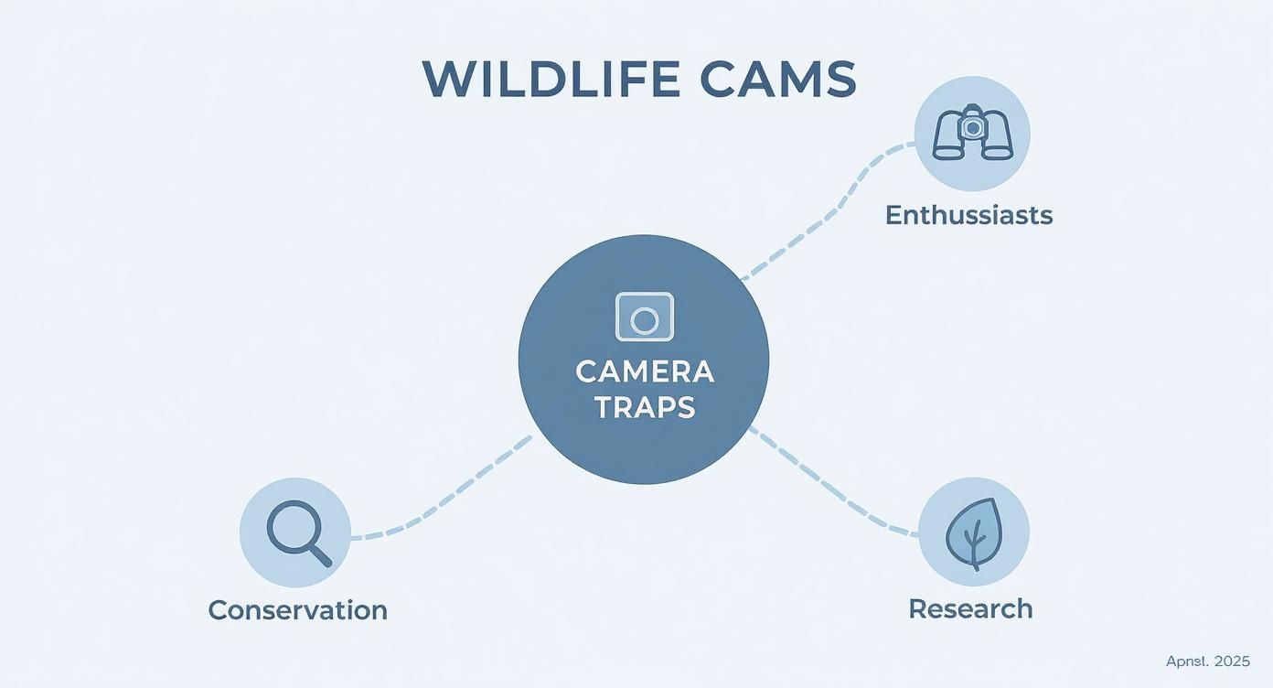 A diagram illustrates wildlife camera traps' uses, linking to enthusiasts, conservation efforts, and scientific research.