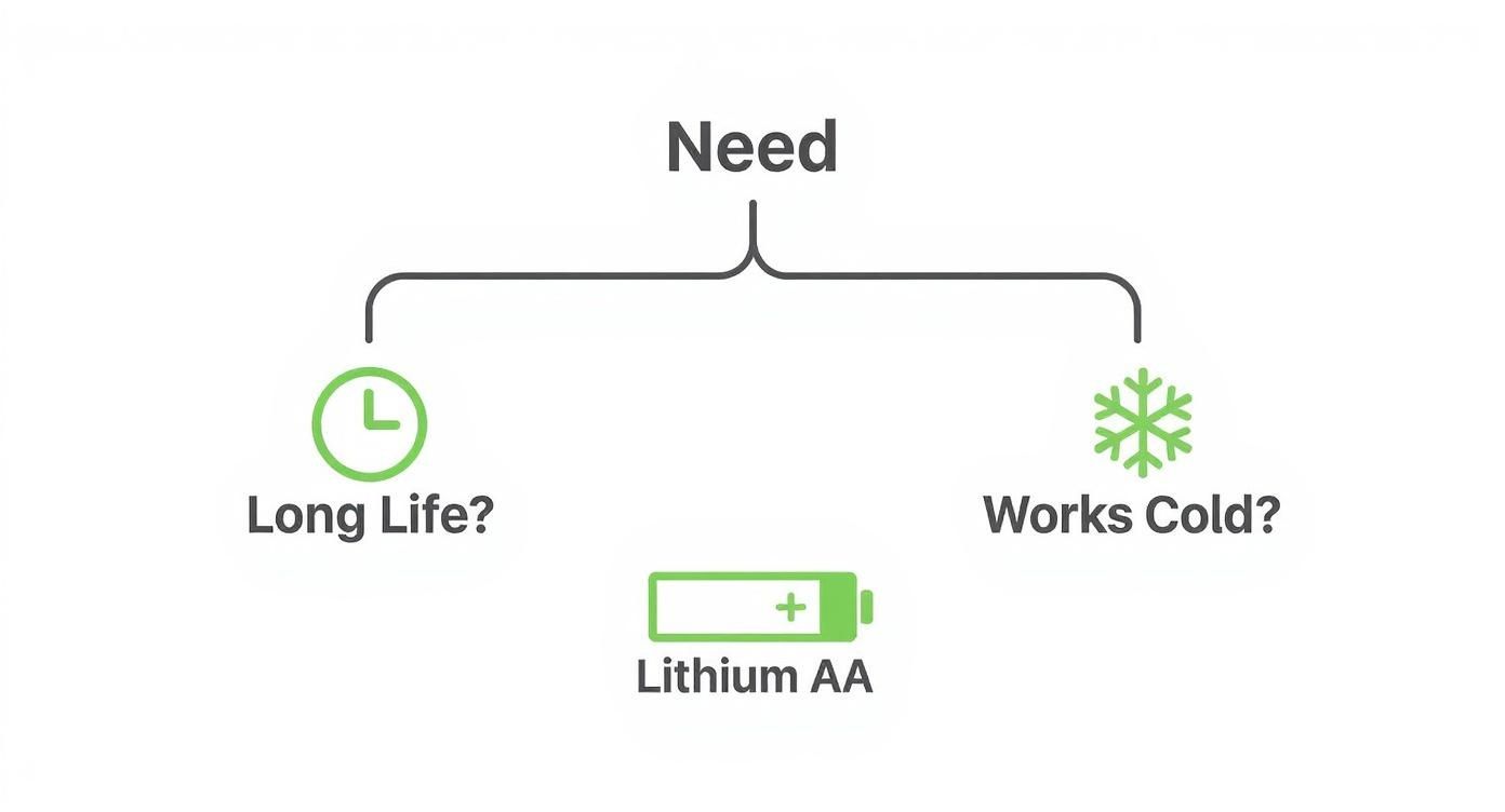 Decision tree diagram showing lithium AA battery recommendations based on long life and cold weather performance needs