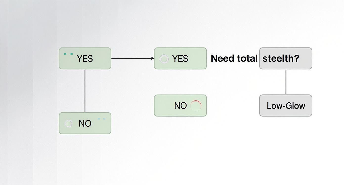 A decision flowchart illustrating options for trail cameras regarding total stealth and low-glow features.