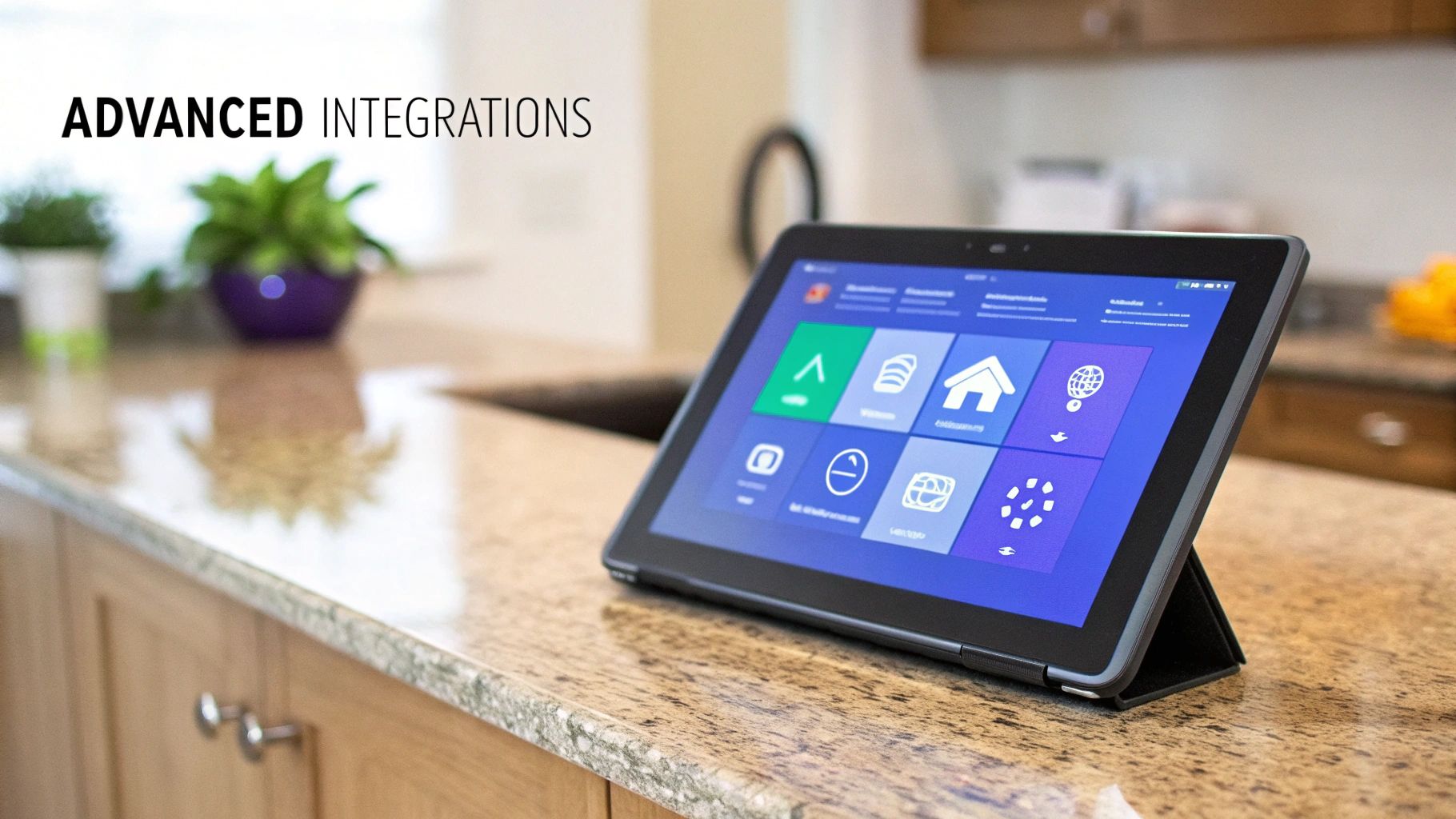 A tablet with a digital smart home interface on a modern kitchen granite countertop.