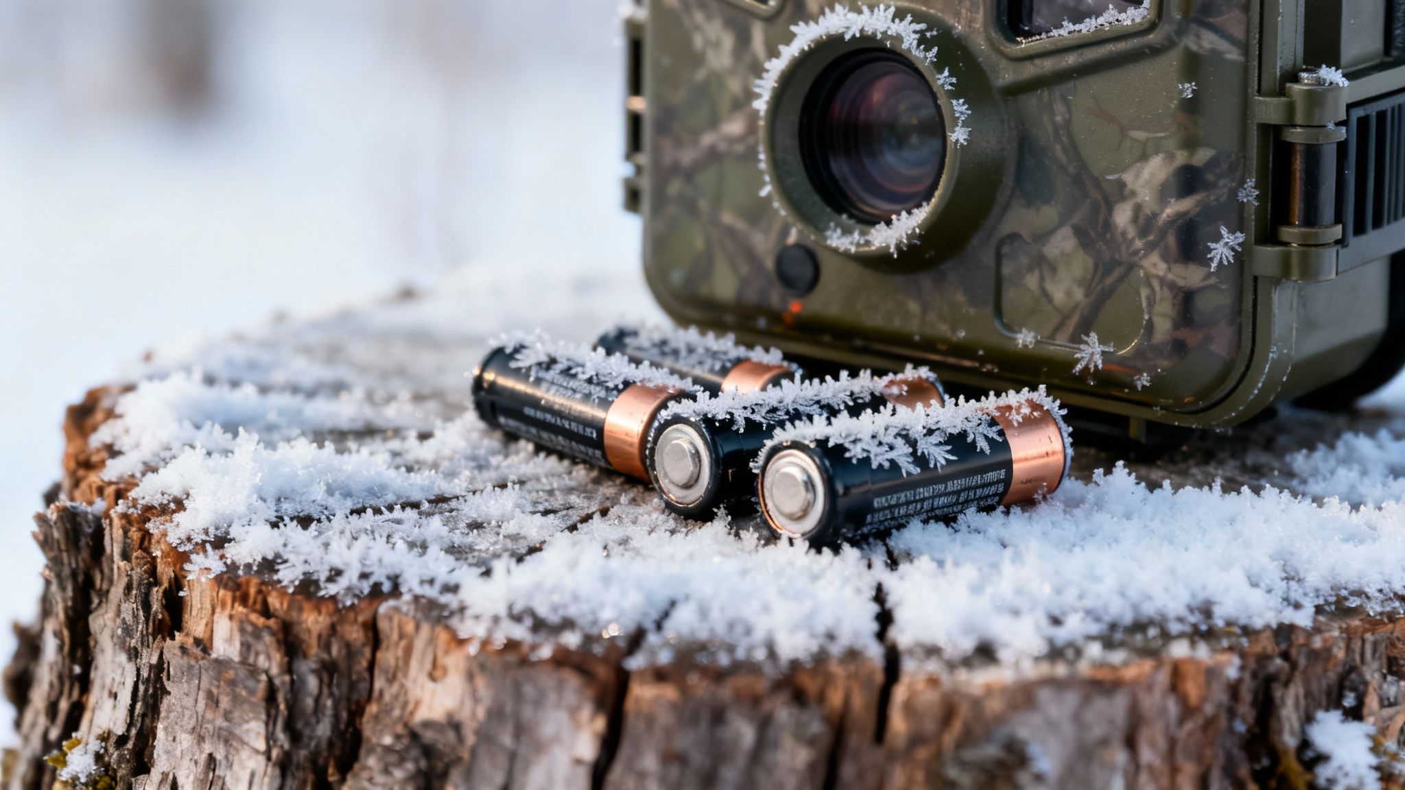 Frost-covered trail camera and three AA batteries resting on a snowy tree stump in winter.