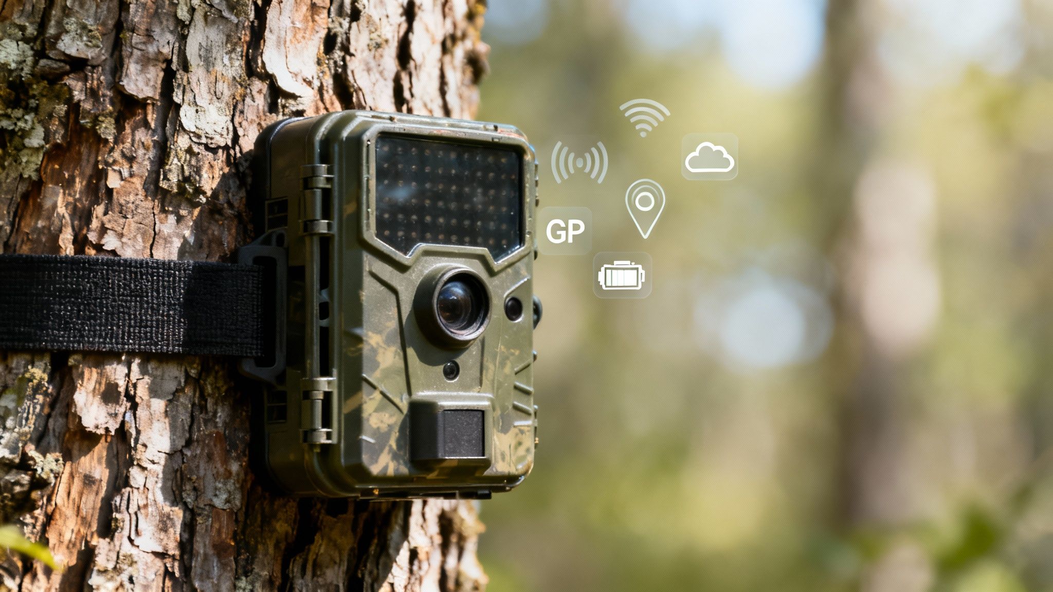 A camouflage trail camera with digital icons for Wi-Fi, GPS, cloud, and battery, strapped to a tree in a forest.