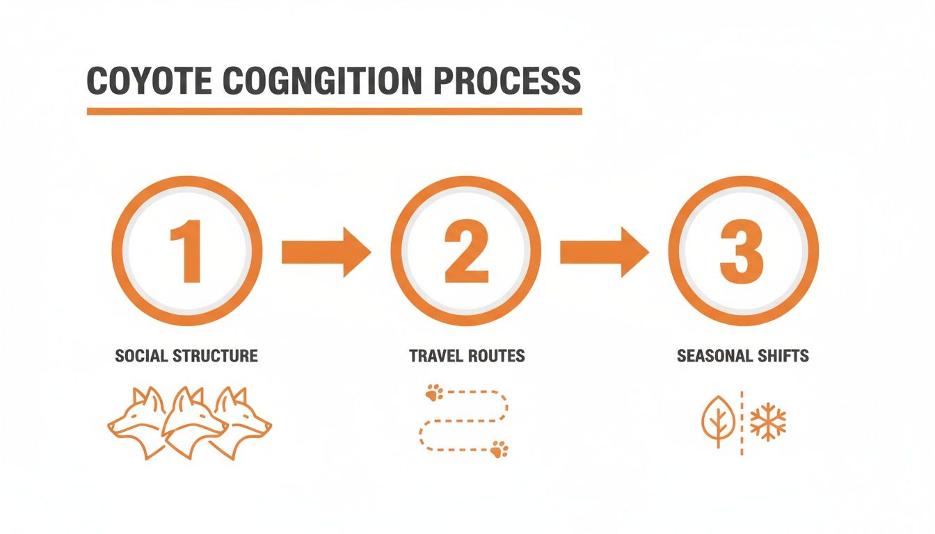 Infographic showing the coyote cognition process in three steps: social structure, travel routes, and seasonal shifts.