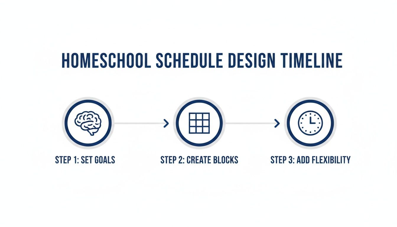 Homeschool schedule design timeline with steps: set goals, create blocks, and add flexibility.