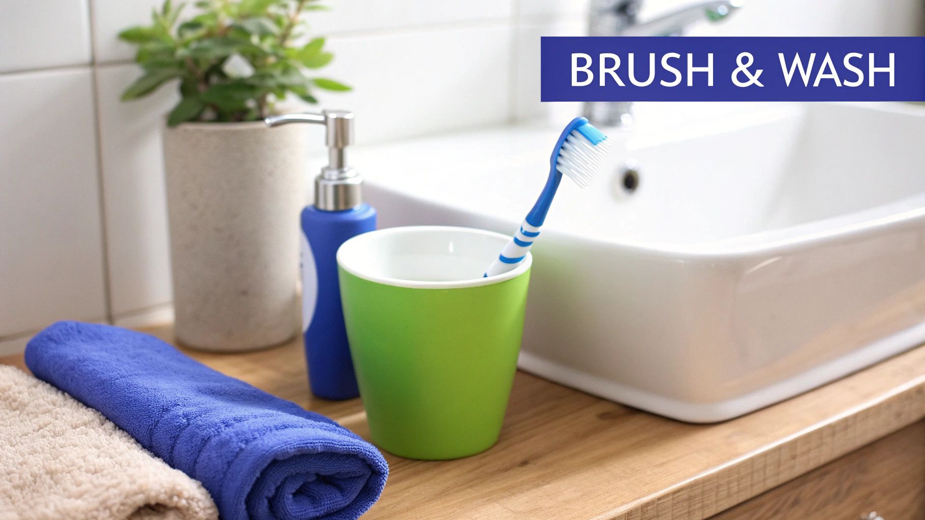 A bright bathroom counter with a toothbrush in a green cup, soap dispenser, and towels.
