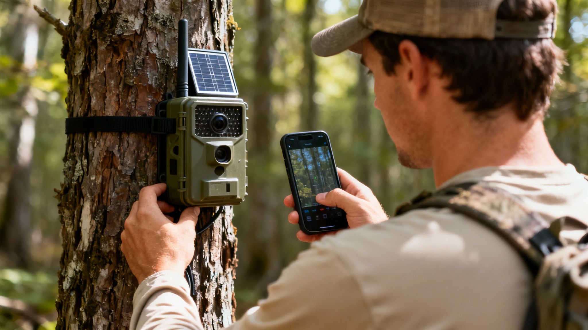 A man adjusts a trail camera with a solar panel on a tree, viewing its output on his smartphone.