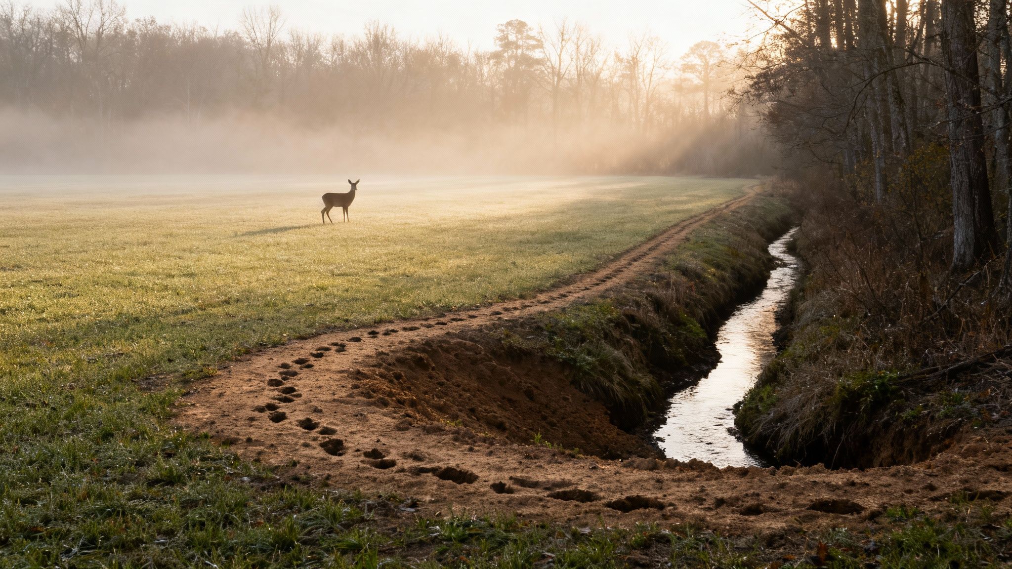 A deer stands in a misty field at sunrise, next to a path and a flowing stream.