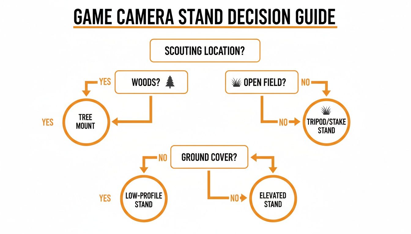 Flowchart detailing how to choose the best game camera stand based on environmental factors.