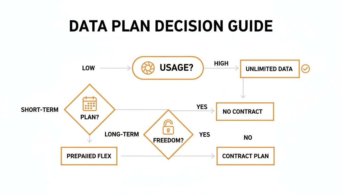 A flowchart titled 'Data Plan Decision Guide' helps users choose a data plan based on usage, plan duration, and freedom.